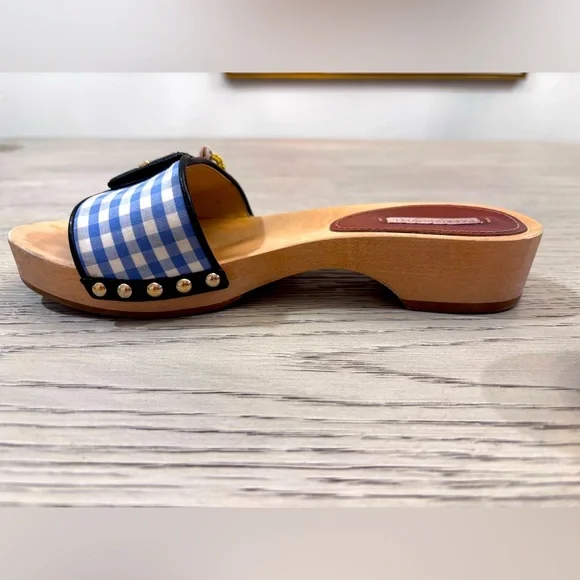 Fabrizio Viti Blue Gingham Wooden Sandal Size 7 - Picture 7 of 11